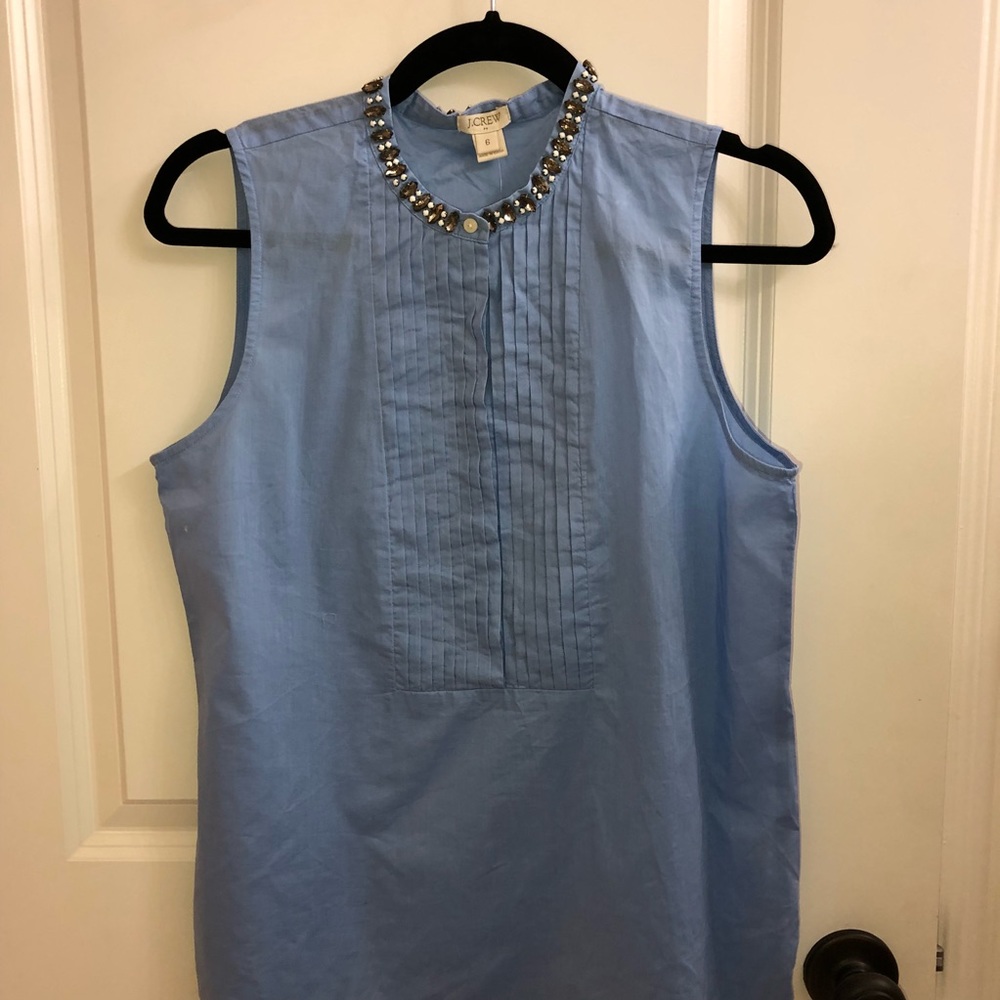 J Crew Beaded Neck Pleated Top sz 6 Blue NWT